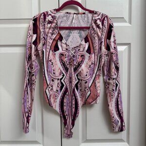 Free People Pink Paisley Bodysuit Long Sleeve Size M